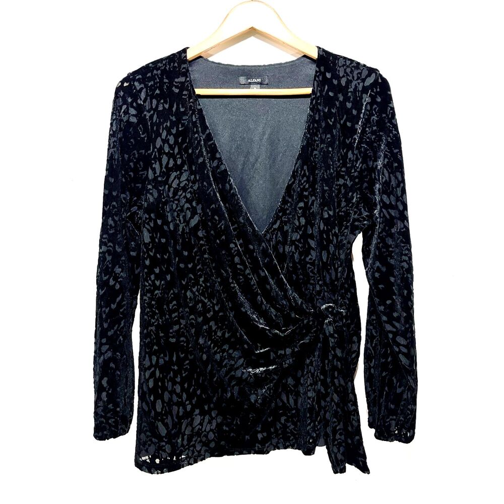 Alfani velvet wrapped blouse burnout black grunge animal print festive women XL